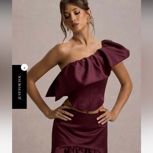 Club L London Burgundy One-Shoulder Top Ruffle top NEW Sz 2-4 $120